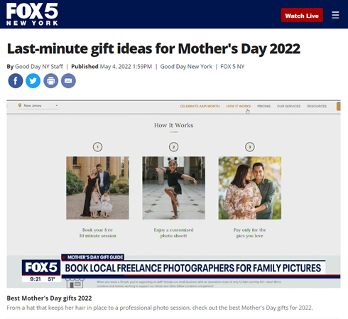 Screenshot of a website article titled "Last-minute gift ideas for Mother's Day 2022" with images of different products.