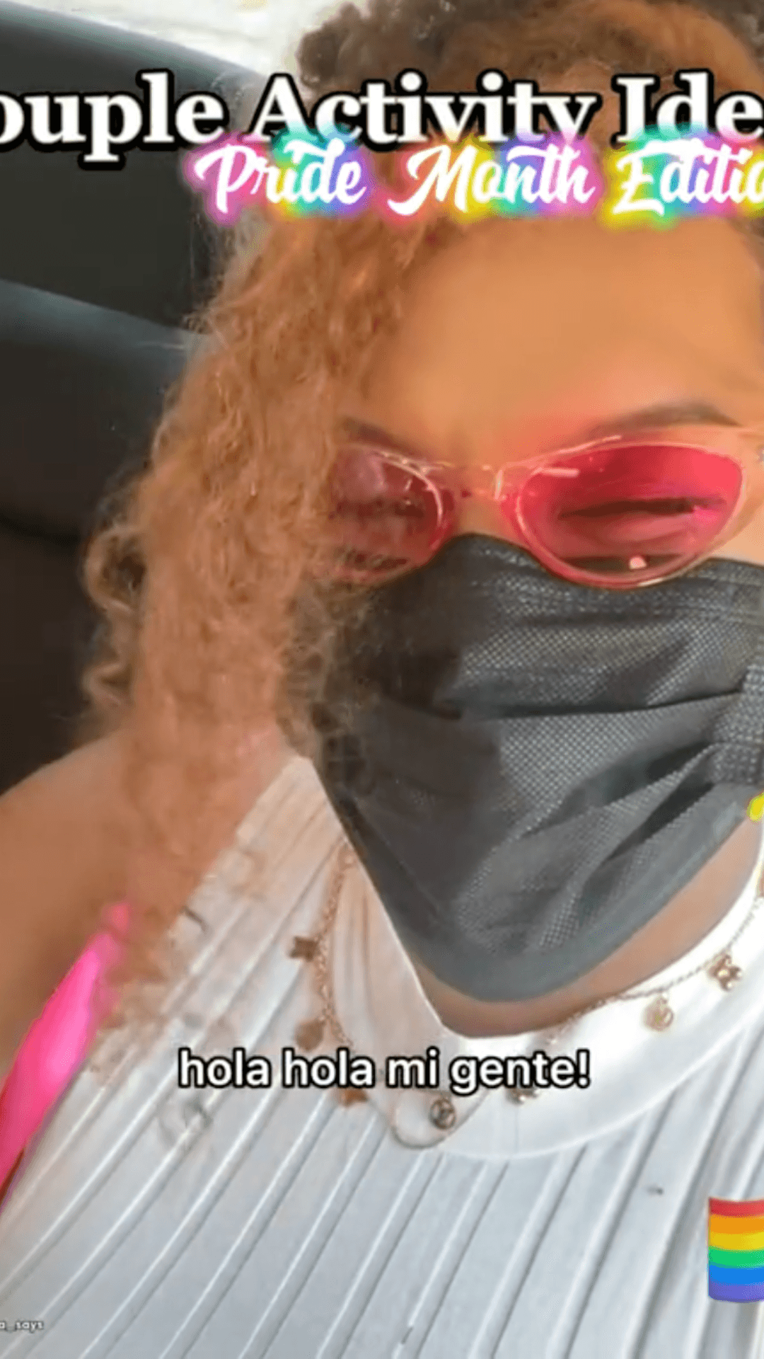 Person wearing sunglasses and a face mask with text overlay related to "Couple Activity Ideas for Pride Month."