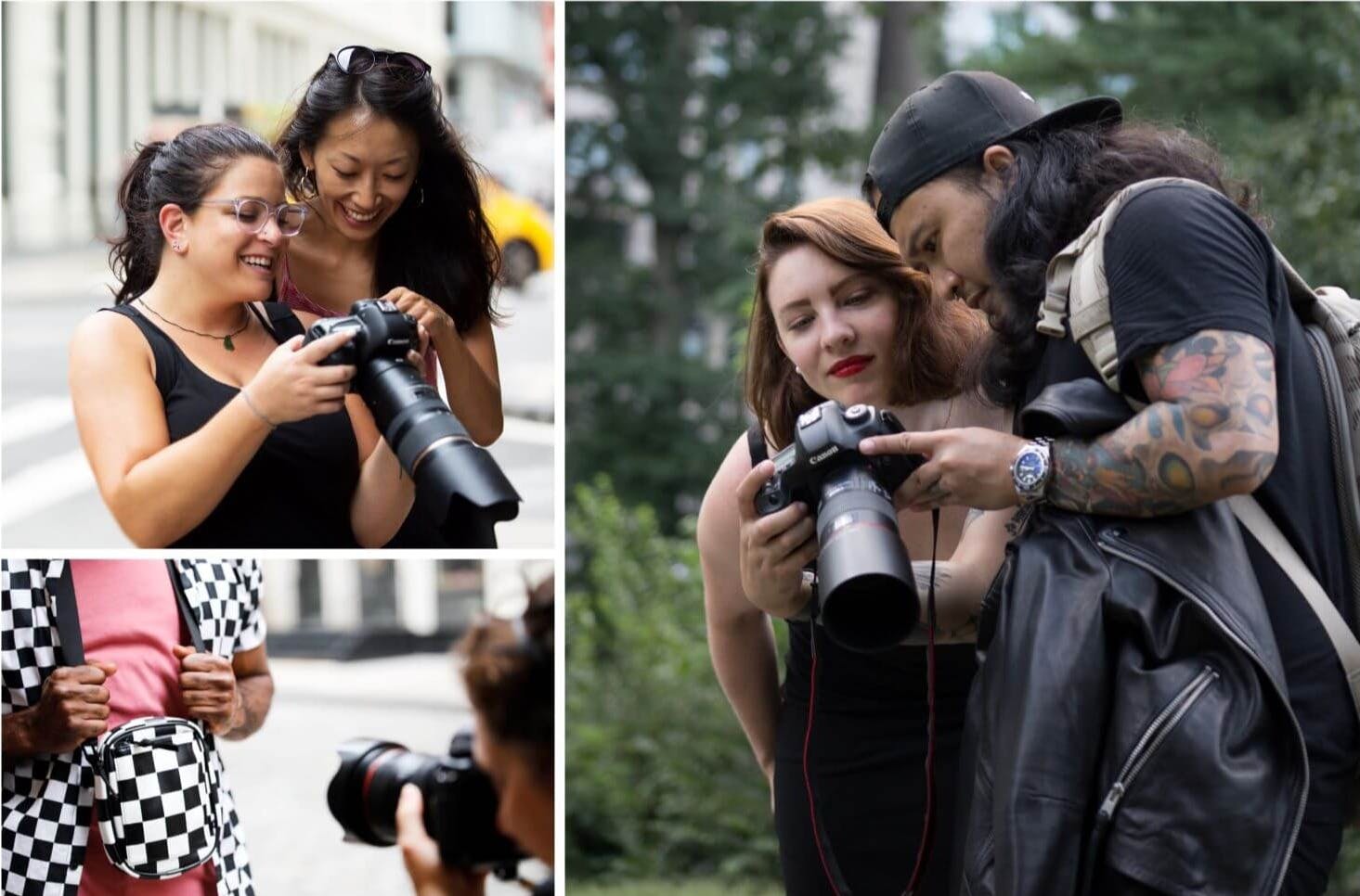 Two people holding cameras and reviewing photos together outdoors