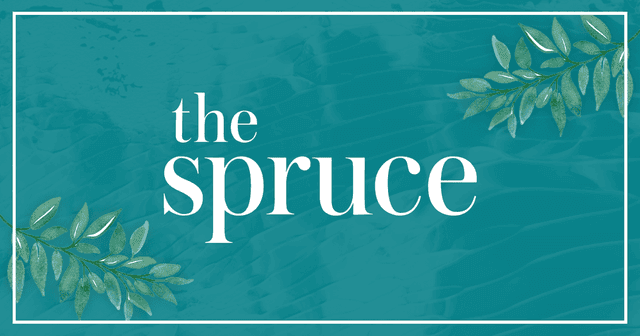 Graphic with the text "the spruce" in white over a teal background with leaf illustrations on the edges.