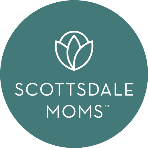 Logo of Scottsdale Moms with mint green background and white text and leaf symbol.