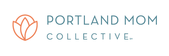 Portland Mom Collective logo with leaf symbol in orange and blue text