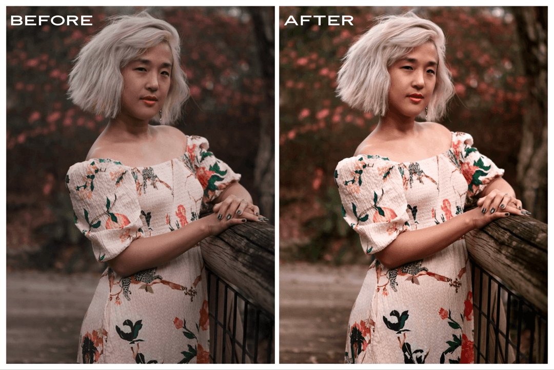 Comparison image showing a woman before and after photo editing, standing by a fence with autumn leaves
